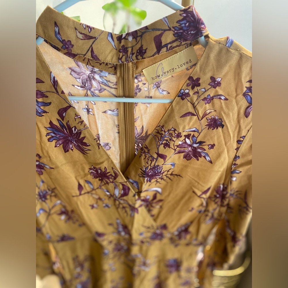 Mustard yellow and purple flower dress — heart cutout